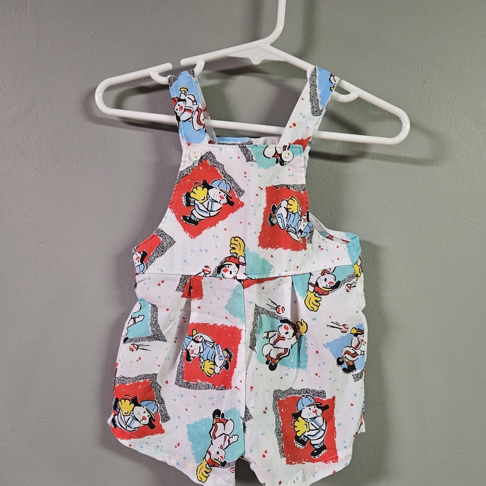 Vintage Baseball Overalls Boys Infant 0-3 Month Cartoon Print Romper